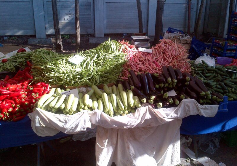 Green and red beans, eggplants, courgettes and red peppers at the Göztepe Pazarı, in Kadıköy, Istanbul